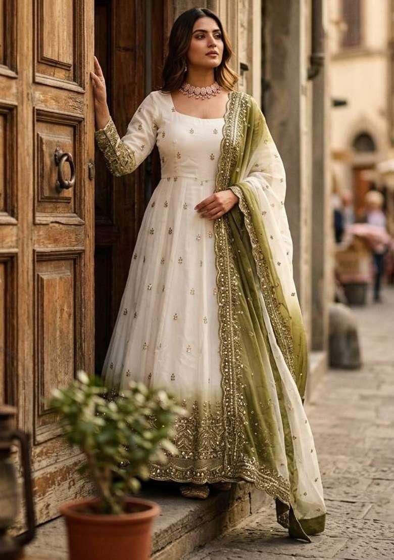 Mehendi Embroidery Georgette Gown Set - Indya