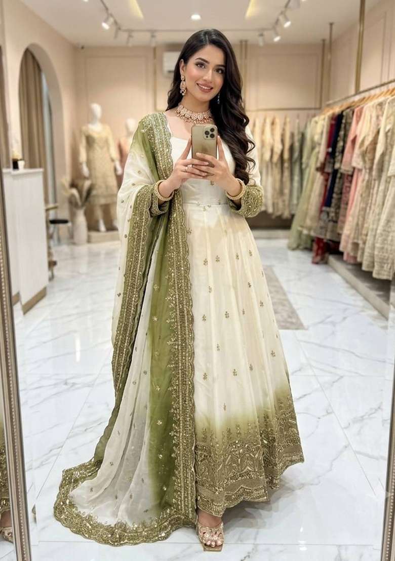 Mehendi Embroidery Georgette Gown Set - Indya