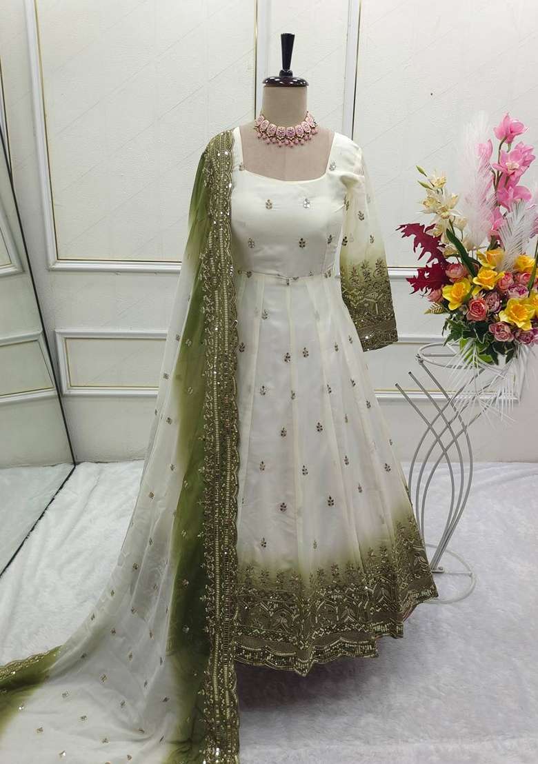 Mehendi Embroidery Georgette Gown Set - Indya