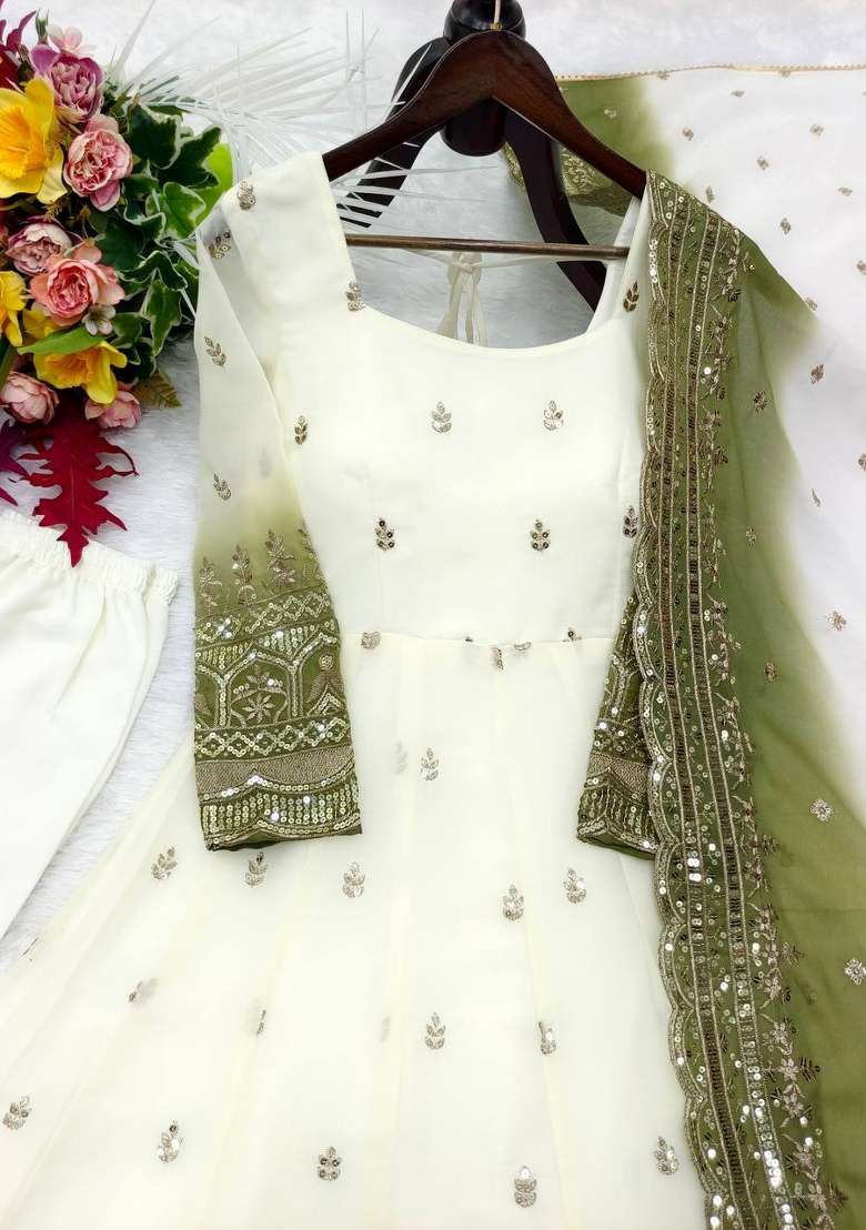 Mehendi Embroidery Georgette Gown Set - Indya