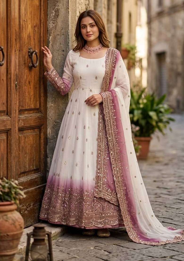 Peach Embroidery Georgette Gown Set - Indya