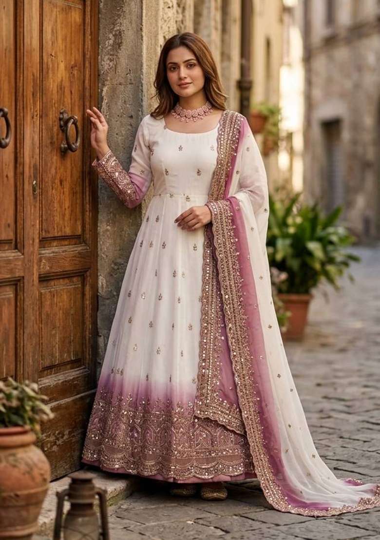 Peach Embroidery Georgette Gown Set - Indya