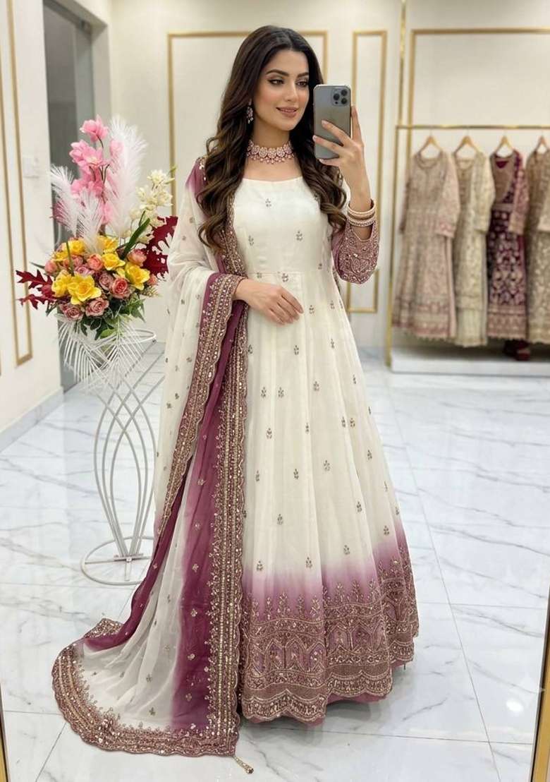 Peach Embroidery Georgette Gown Set - Indya