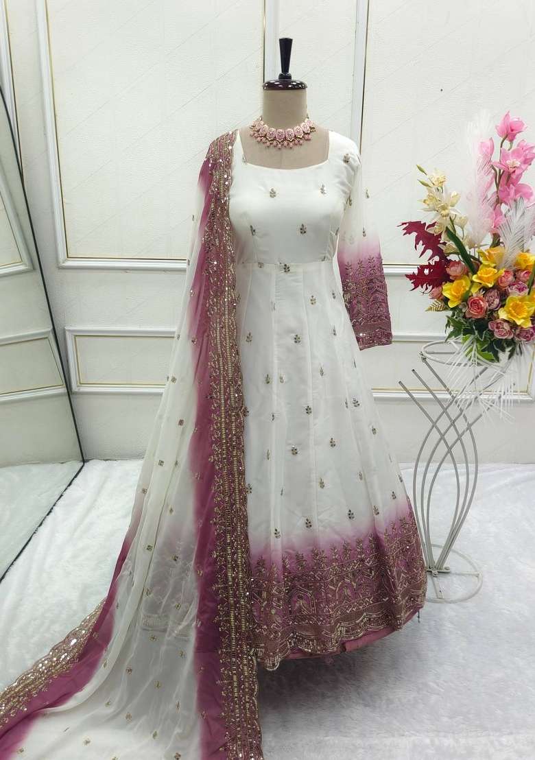 Peach Embroidery Georgette Gown Set - Indya