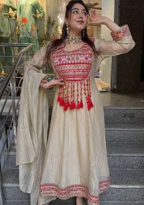 Cream Embroidery Silk Kurta Set