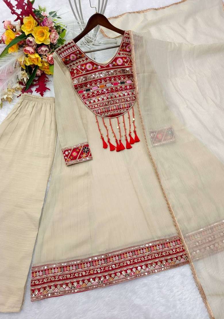Cream Embroidery Silk Kurta Set - Indya