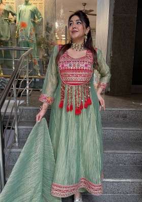 Pista Embroidery Silk Kurta Set