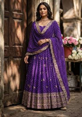 Blue Embroidery Bhandhani Gown Set