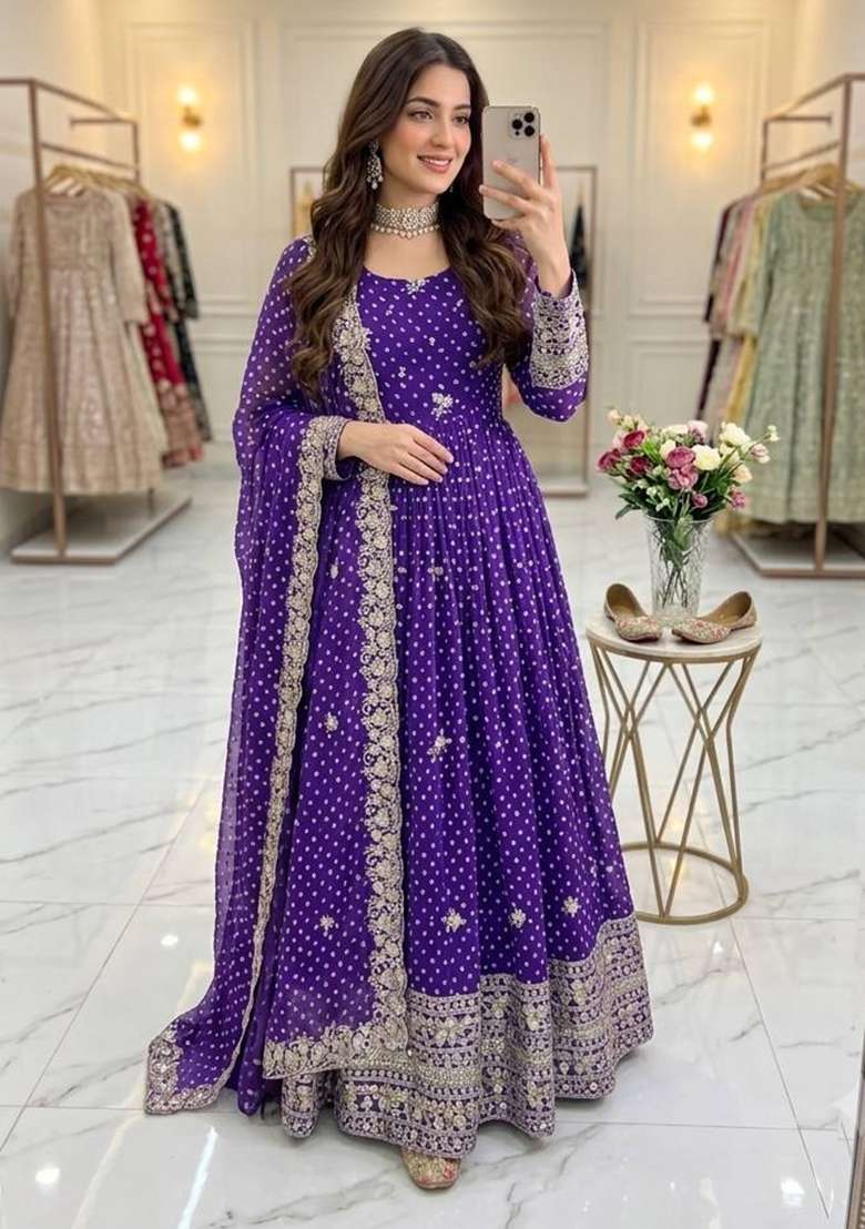 Blue Embroidery Bhandhani Gown Set - Indya