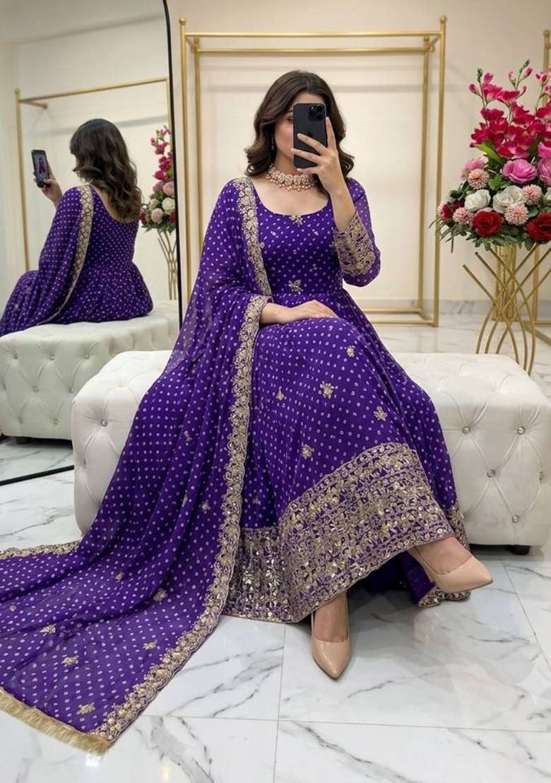 Blue Embroidery Bhandhani Gown Set - Indya