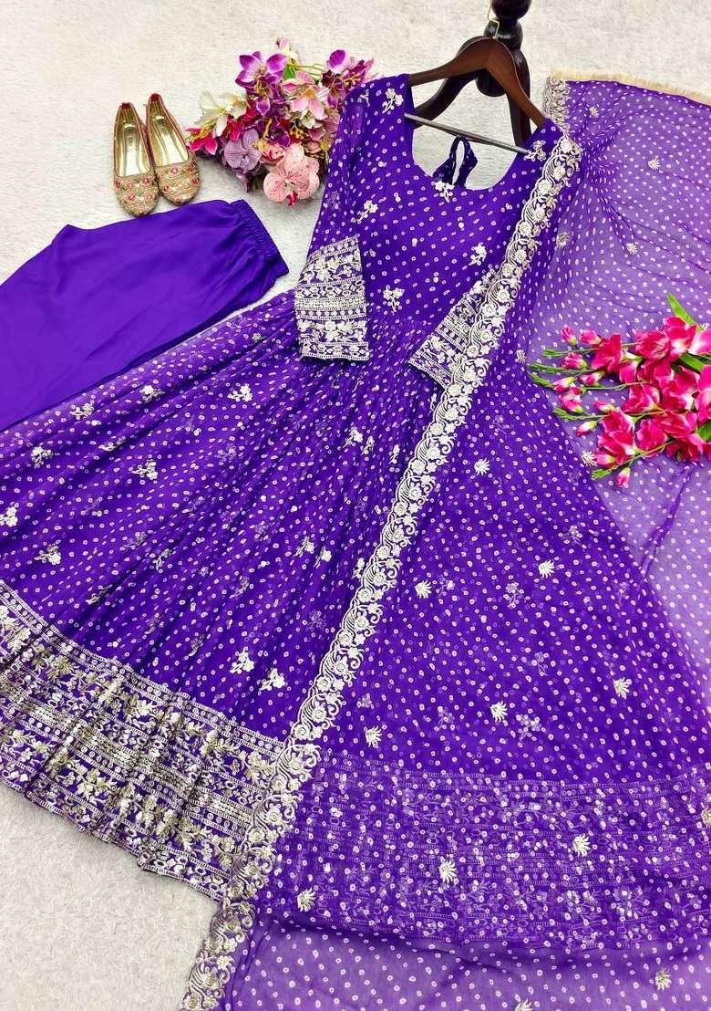 Blue Embroidery Bhandhani Gown Set - Indya