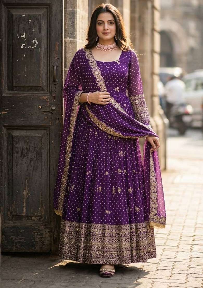 Purple Embroidery Bhandhani Gown Set - Indya