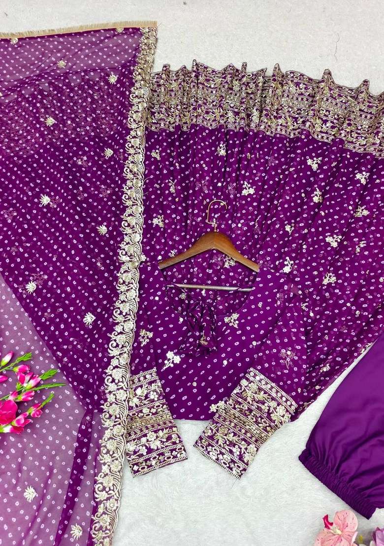 Purple Embroidery Bhandhani Gown Set - Indya
