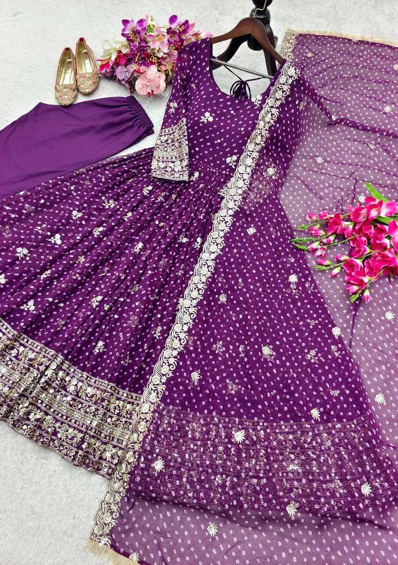 Purple Embroidery Bhandhani Gown Set - Indya
