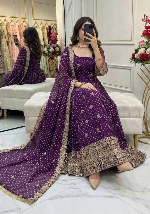 Purple Embroidery Bhandhani Gown Set
