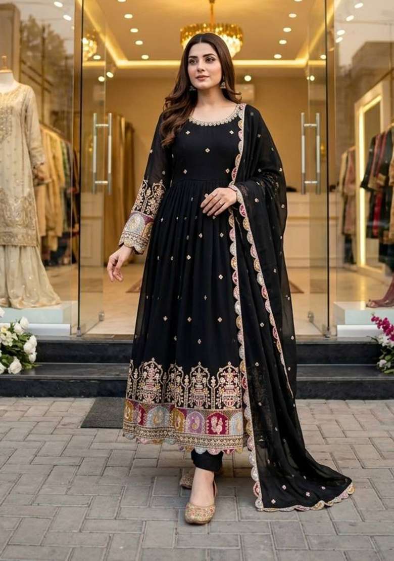 Black Embroidery Georgette Gown Set - Indya