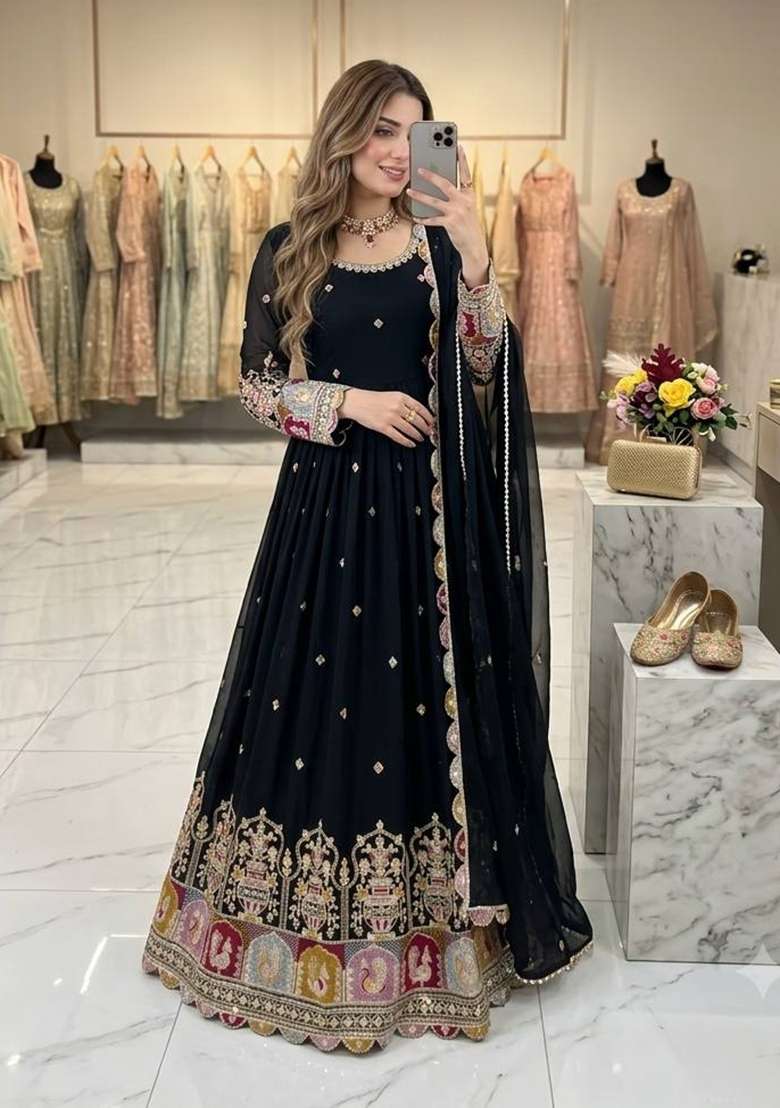 Black Embroidery Georgette Gown Set - Indya