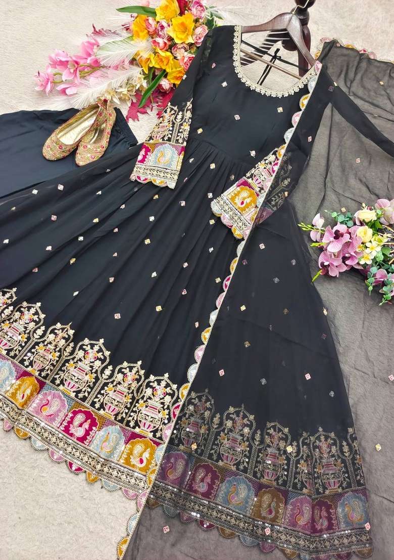 Black Embroidery Georgette Gown Set - Indya