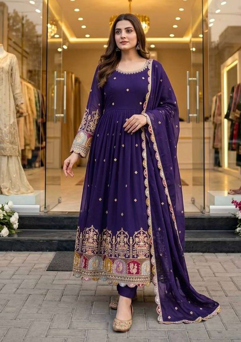 Blue Embroidery Georgette Gown Set - Indya