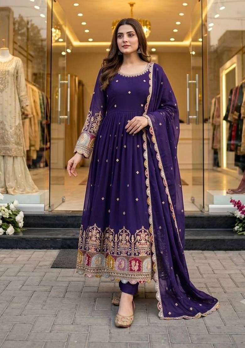 Blue Embroidery Georgette Gown Set - Indya