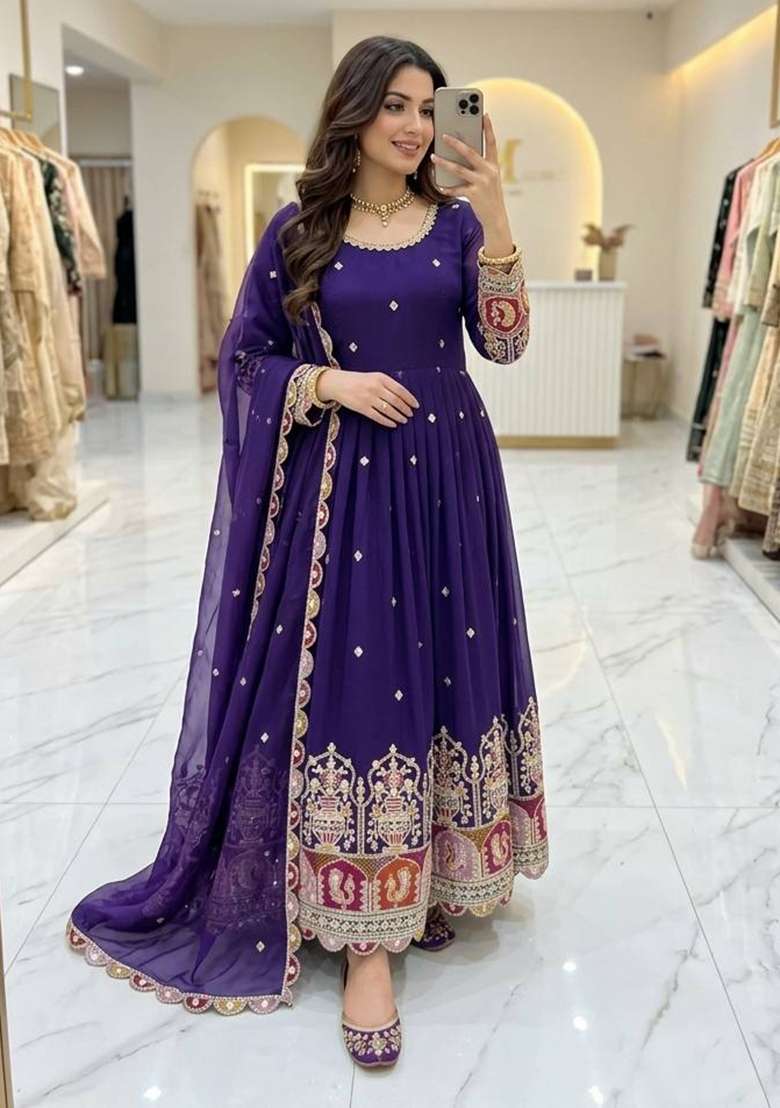 Blue Embroidery Georgette Gown Set - Indya