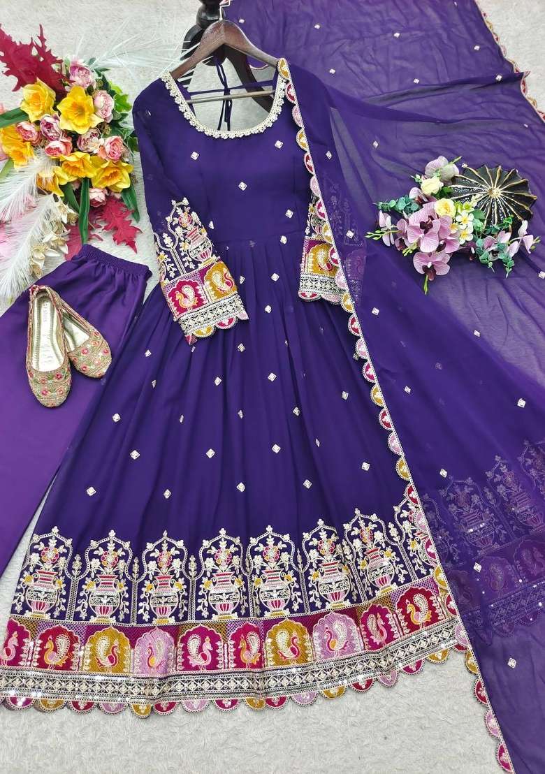 Blue Embroidery Georgette Gown Set - Indya