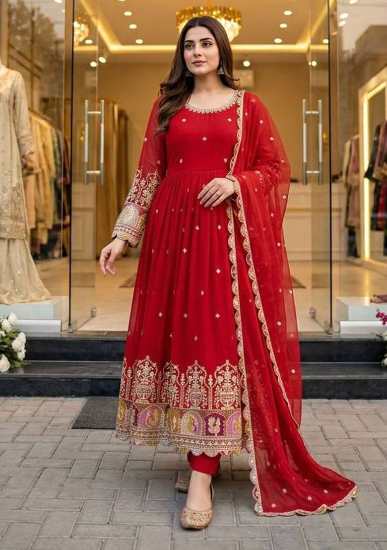 Red Embroidery Georgette Gown Set - Indya