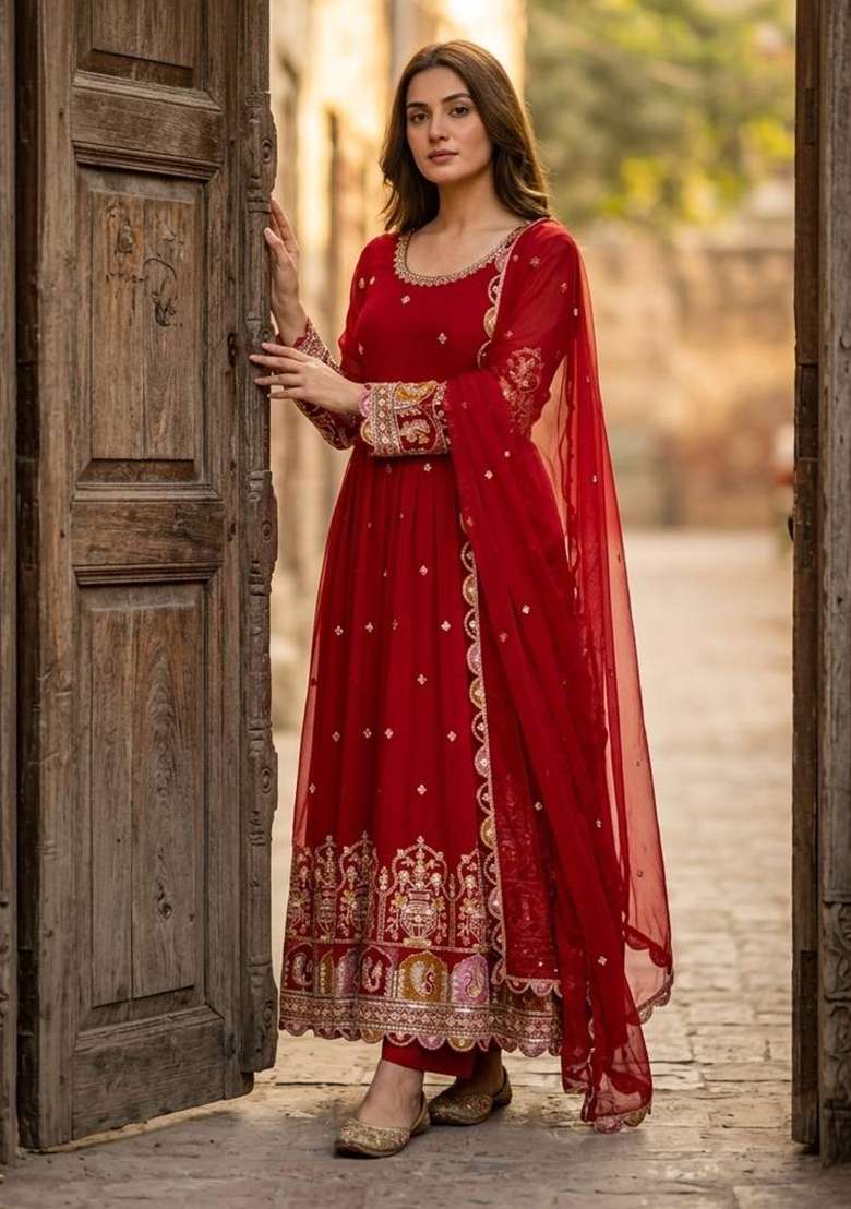 Red Embroidery Georgette Gown Set - Indya
