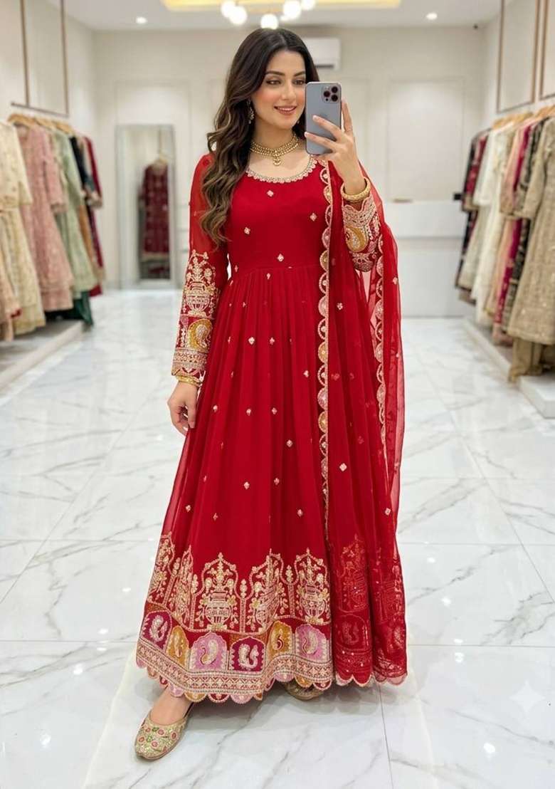 Red Embroidery Georgette Gown Set - Indya