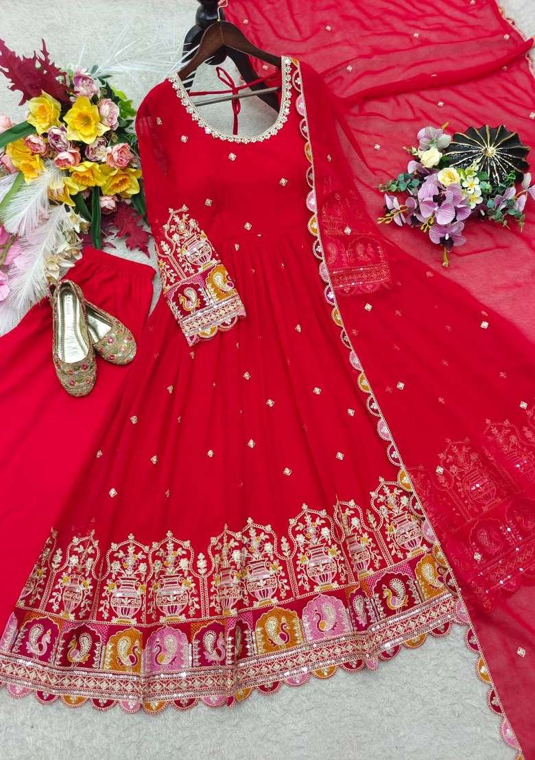 Red Embroidery Georgette Gown Set - Indya