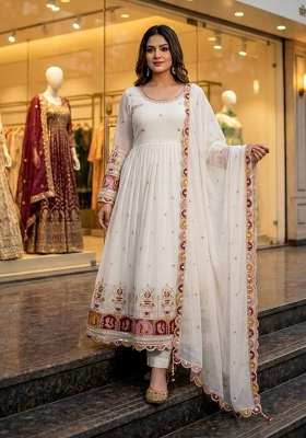 White Embroidery Georgette Gown Set