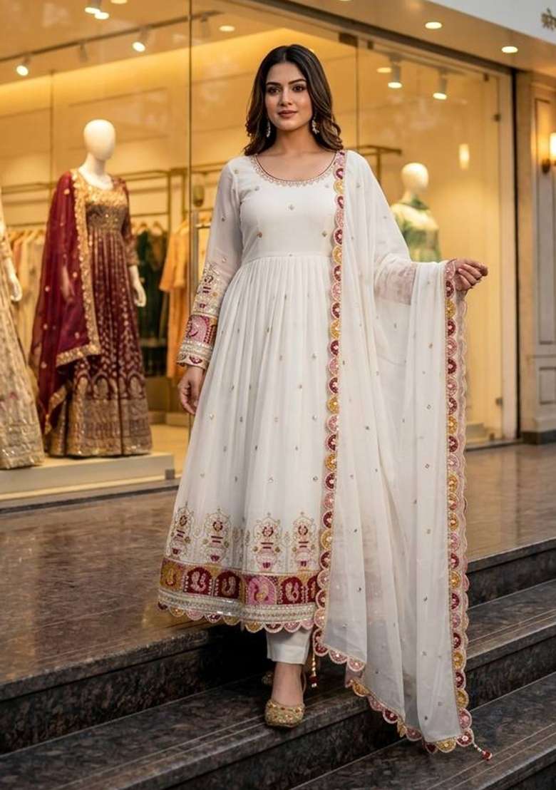 White Embroidery Georgette Gown Set - Indya