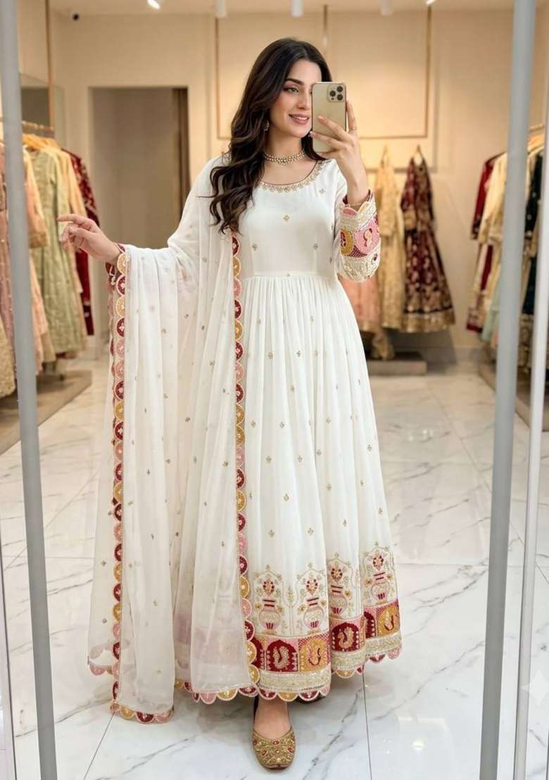 White Embroidery Georgette Gown Set - Indya