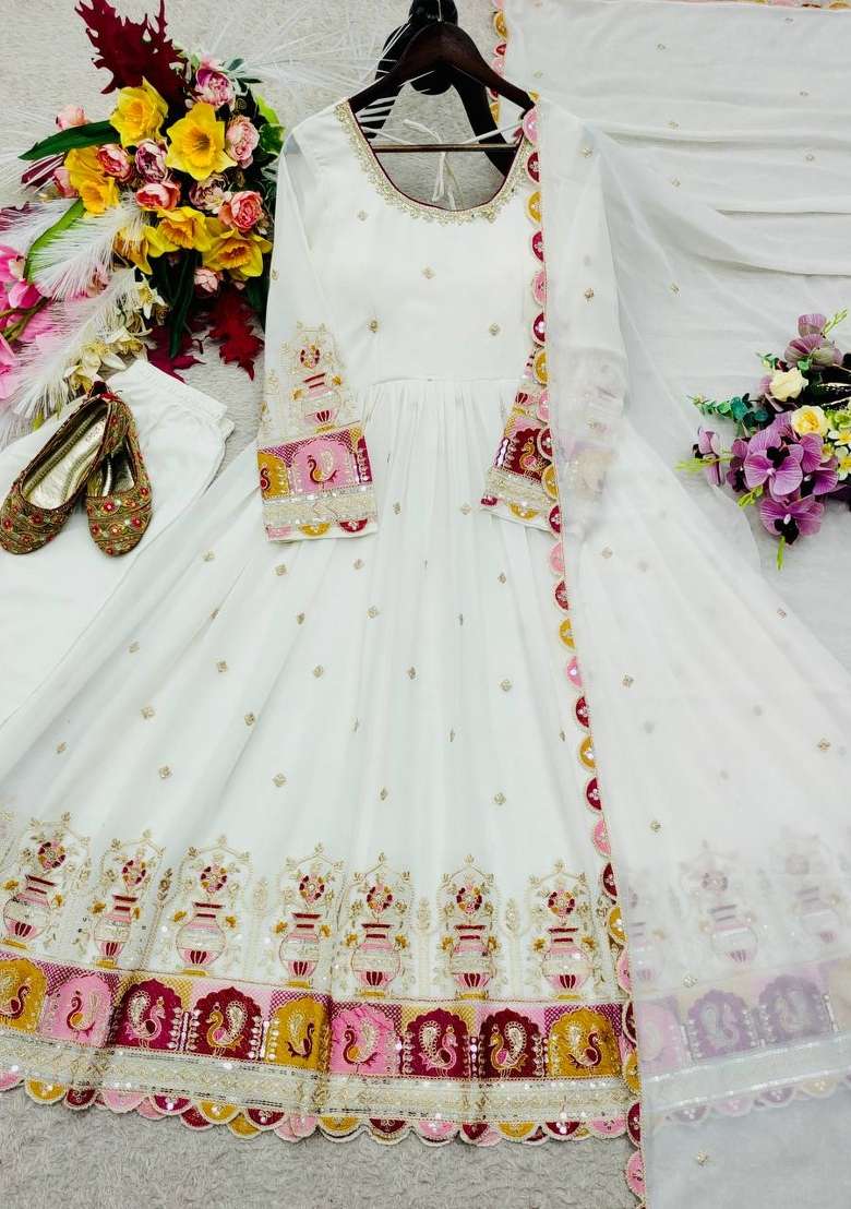 White Embroidery Georgette Gown Set - Indya