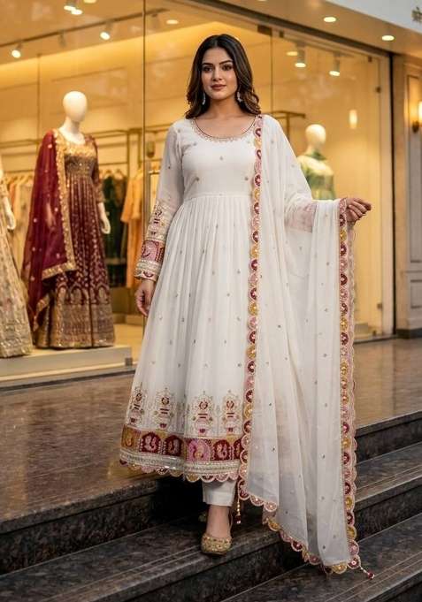 White Embroidery Georgette Gown Set