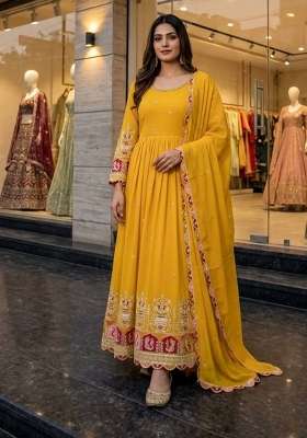 Yellow Embroidery Georgette Gown Set