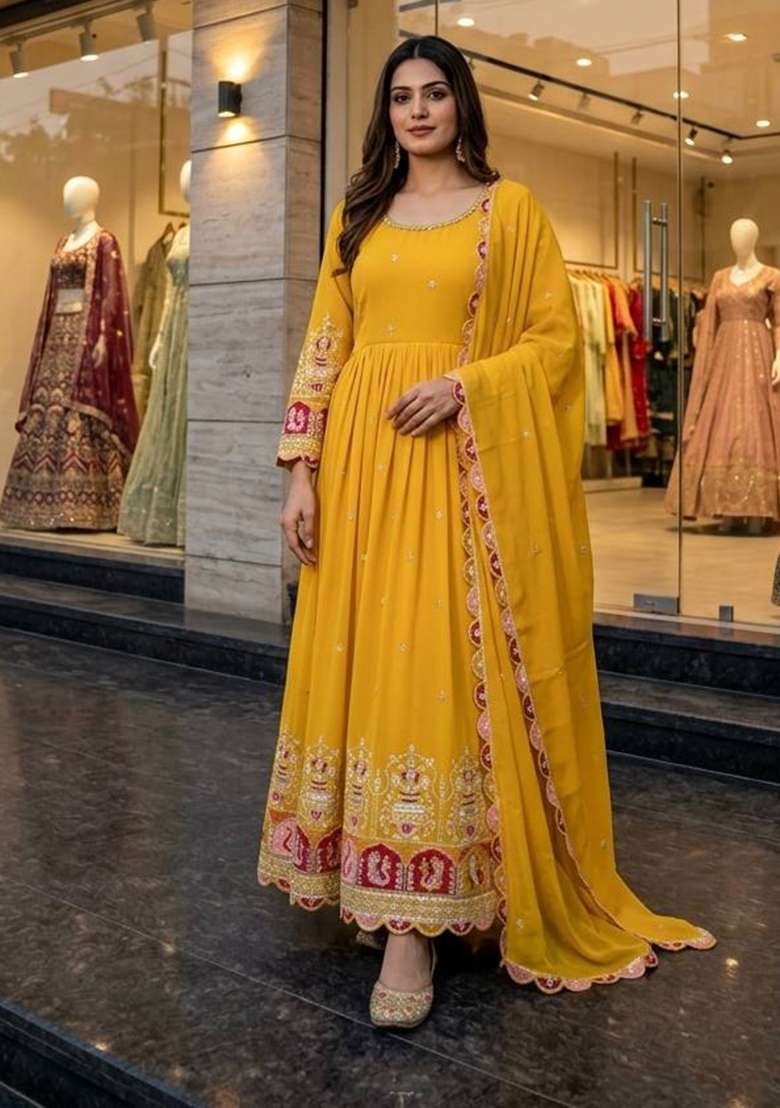 Yellow Embroidery Georgette Gown Set - Indya