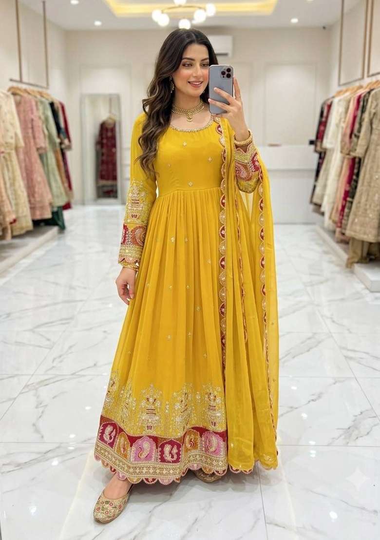 Yellow Embroidery Georgette Gown Set - Indya