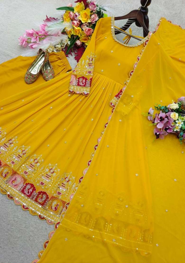 Yellow Embroidery Georgette Gown Set - Indya