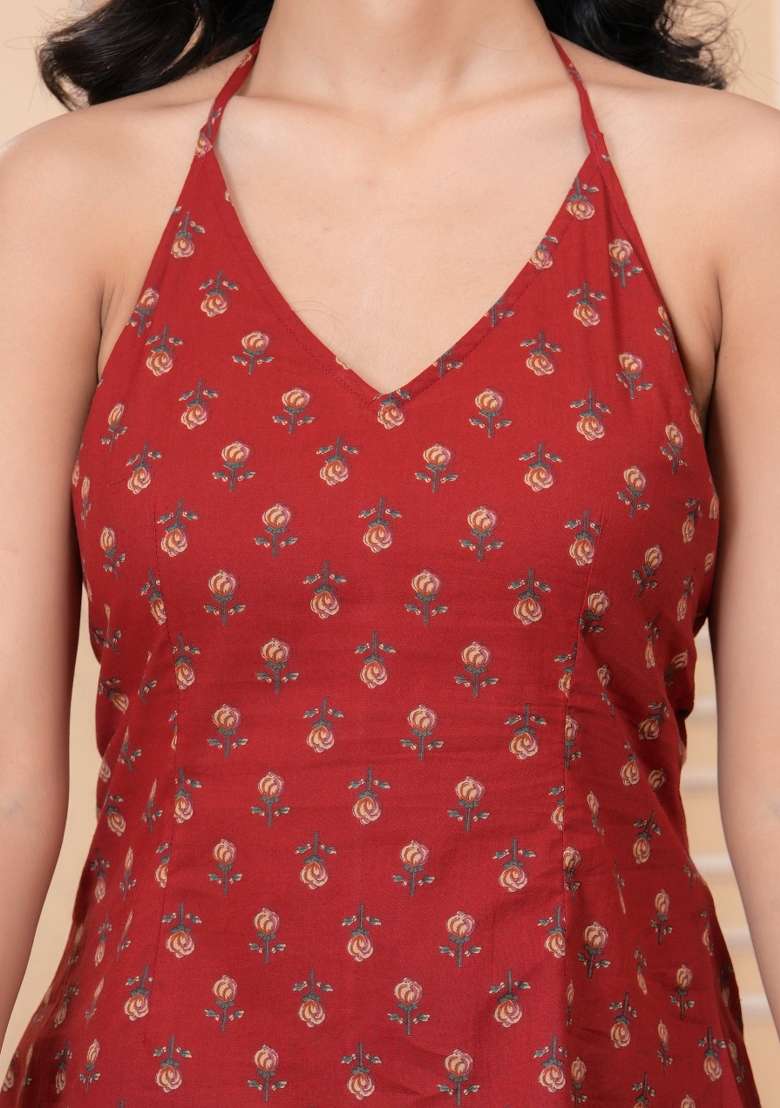Maroon Printed Cotton Short Kurta - Indya