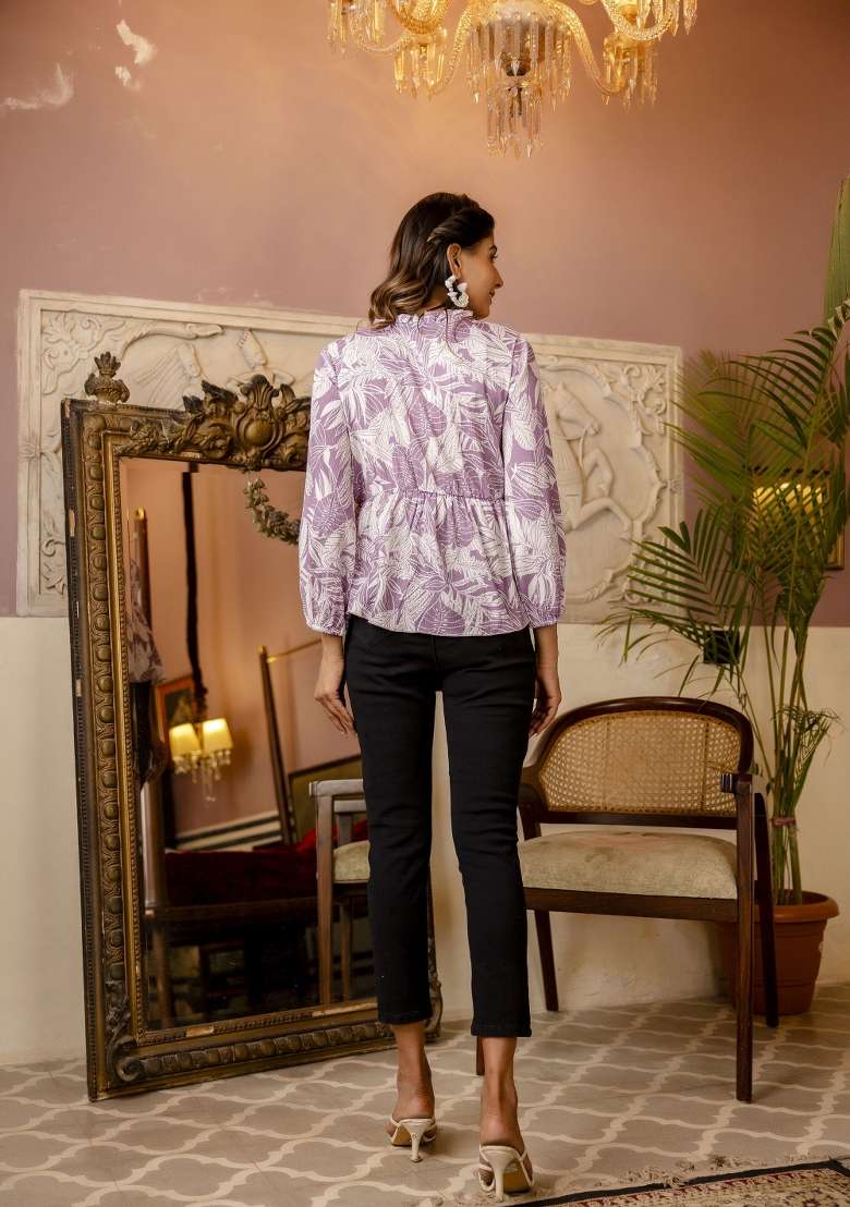 Purple Printed Polyester Short Kurta - Indya