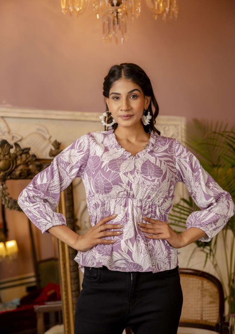 Purple Printed Polyester Short Kurta - Indya
