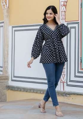 Black Printed Cotton Short Kurta