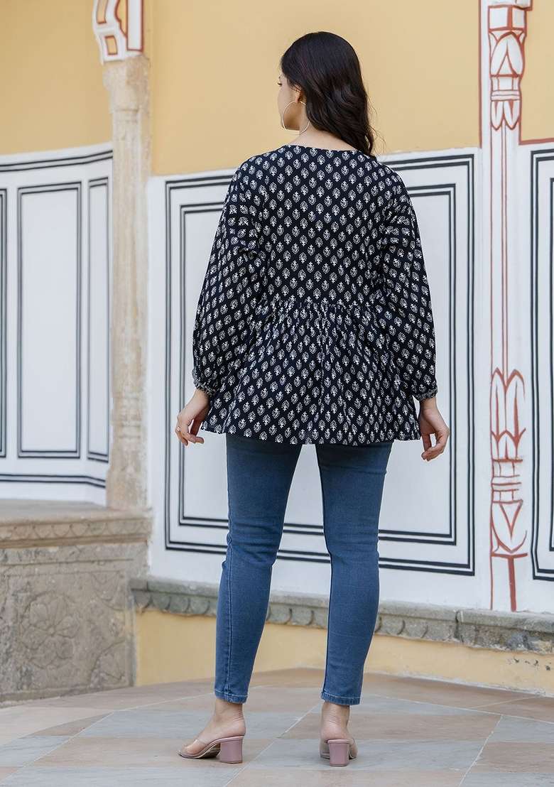 Black Printed Cotton Short Kurta - Indya