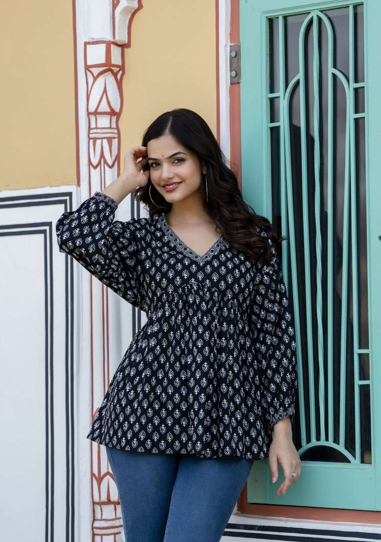 Black Printed Cotton Short Kurta - Indya