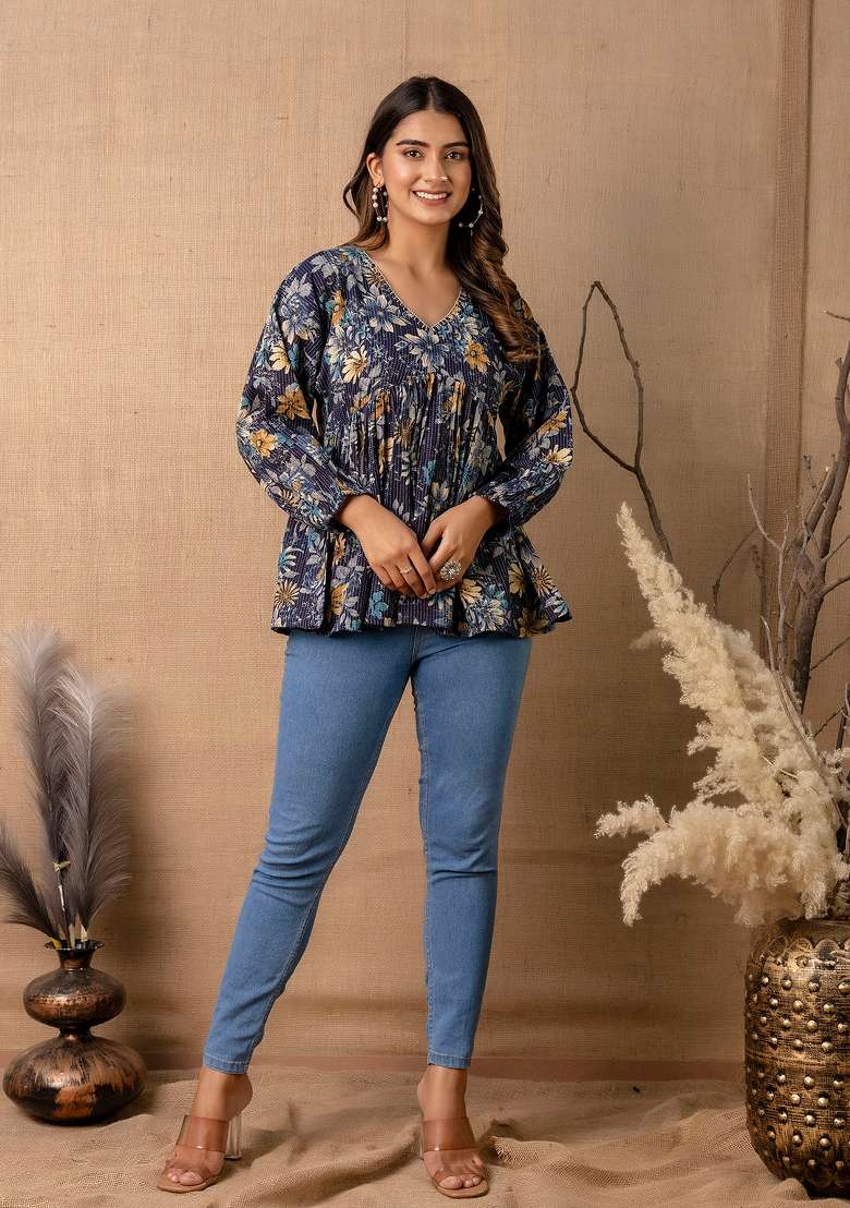 Navy Blue Printed Cotton Short Kurta - Indya