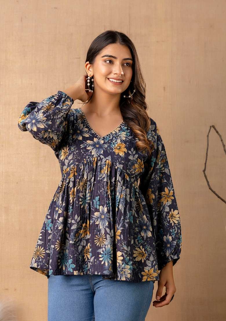 Navy Blue Printed Cotton Short Kurta - Indya