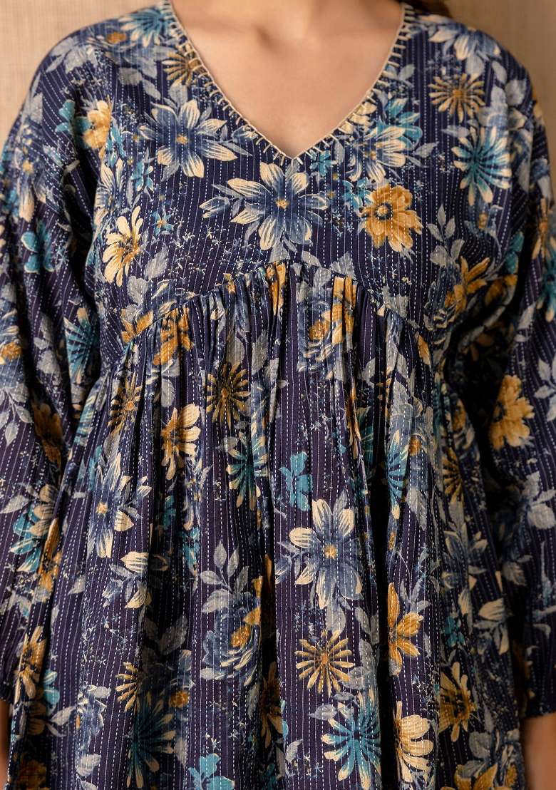 Navy Blue Printed Cotton Short Kurta - Indya