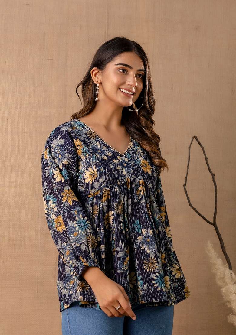 Navy Blue Printed Cotton Short Kurta - Indya