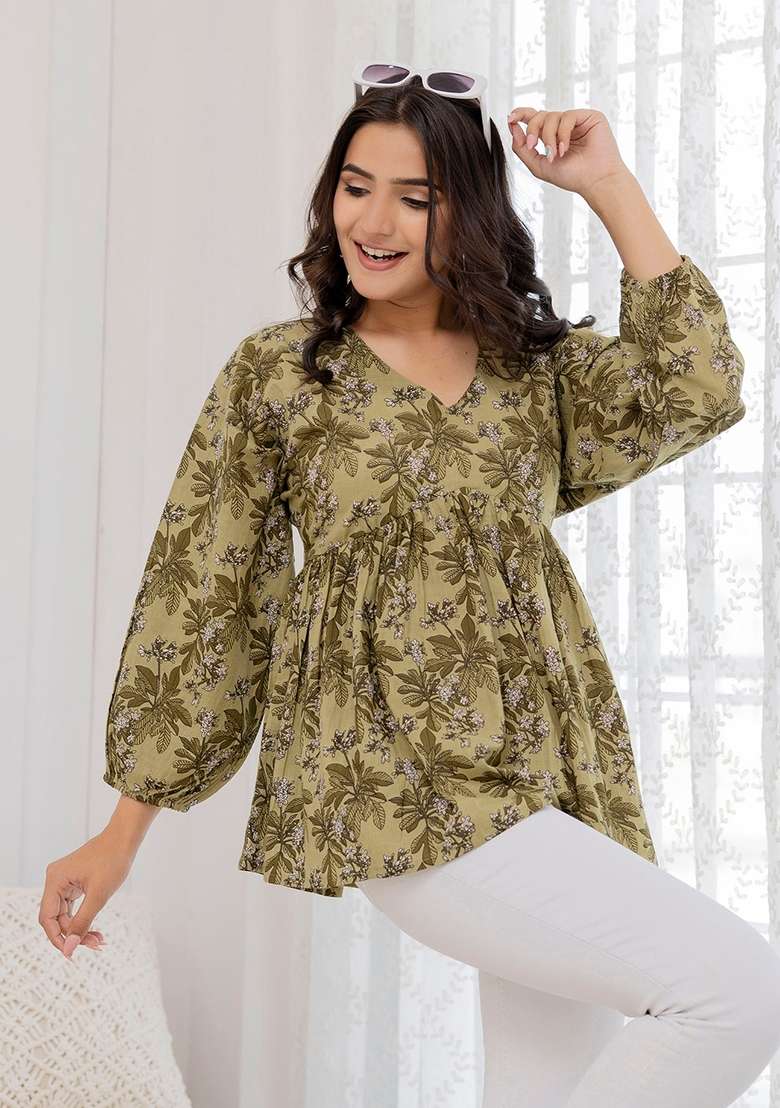 Green Printed Cotton Short Kurta - Indya